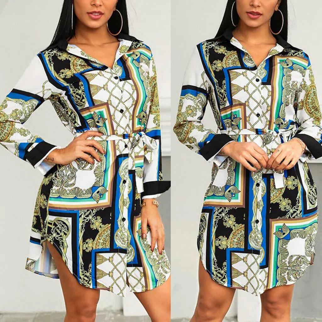 Женское зимнее платье модное винтажное рубашка средней длины с принтом и поясом