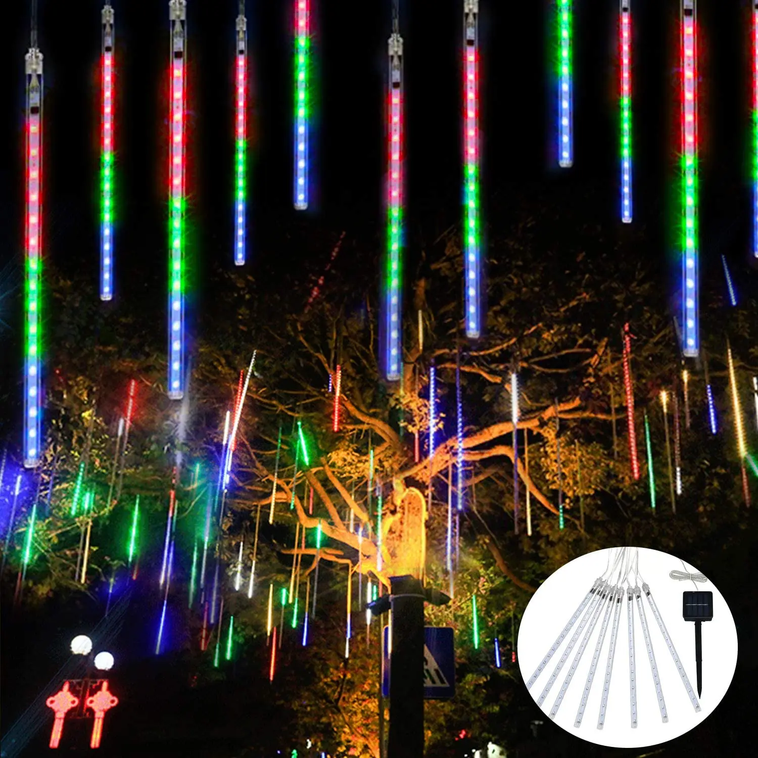 Christmas Decorations 2024 Solar Meteor Shower Rain Lamp Falling Rain Lights 30cm 8 Tubes For New Year/Tree/Eaves/Xmas Decor