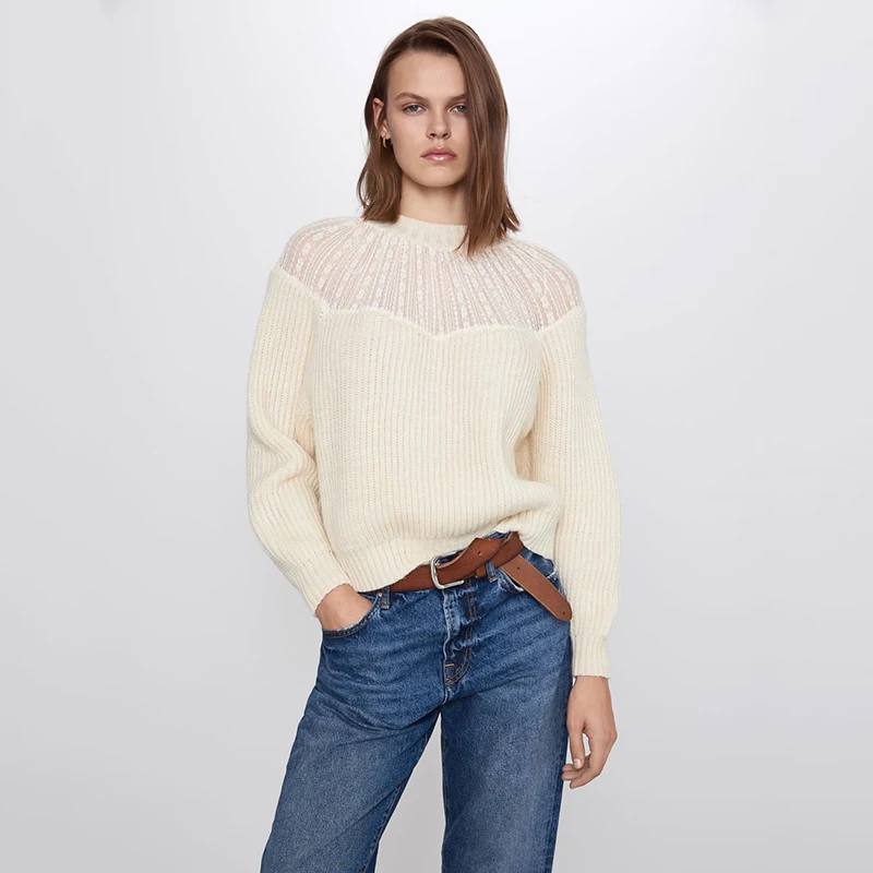 Autumn New ZA Women's Knit Sweater Fashion Stripe Long Sleeve V-neck Loose Casual Turtleneck Hot Sales Wholesale | Женская одежда