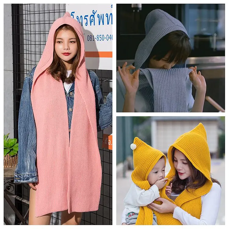 Женский длинный шарф с капюшоном Зимняя Теплая Вязаная толстовка шаль шапка |