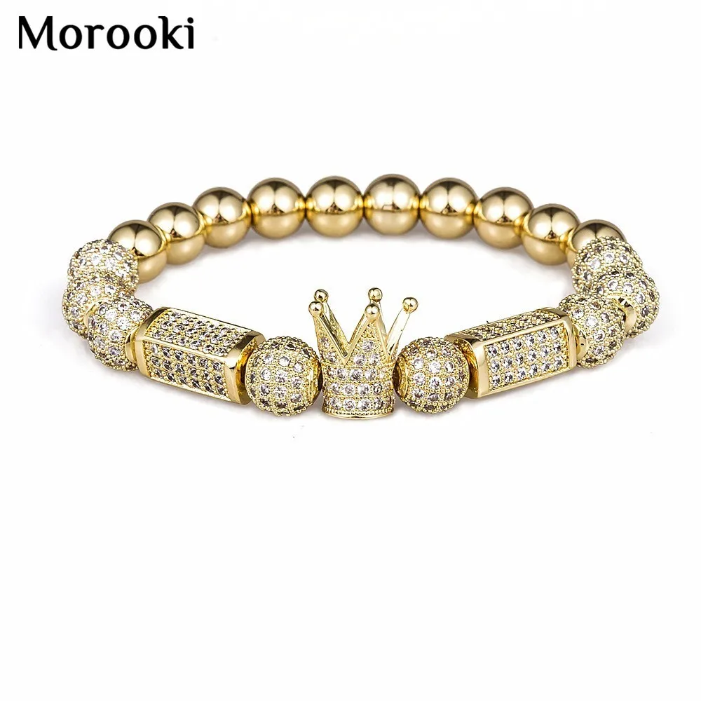 

Morook Trendy Imperial Crown Charm Bracelets 8MM Micro Pave CZ Round Bead Women Men Copper Jewelry Pulseras Mujer Bileklik