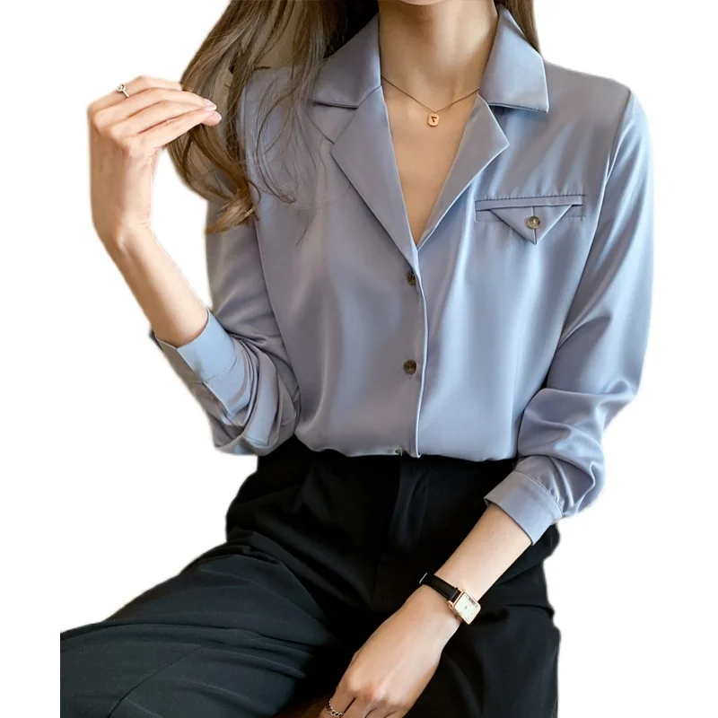 

Women's Blouses Chiffon Long Sleeve Tops Suit Collar Shirts Solid Color Fashion Casual Korean Loose Commute