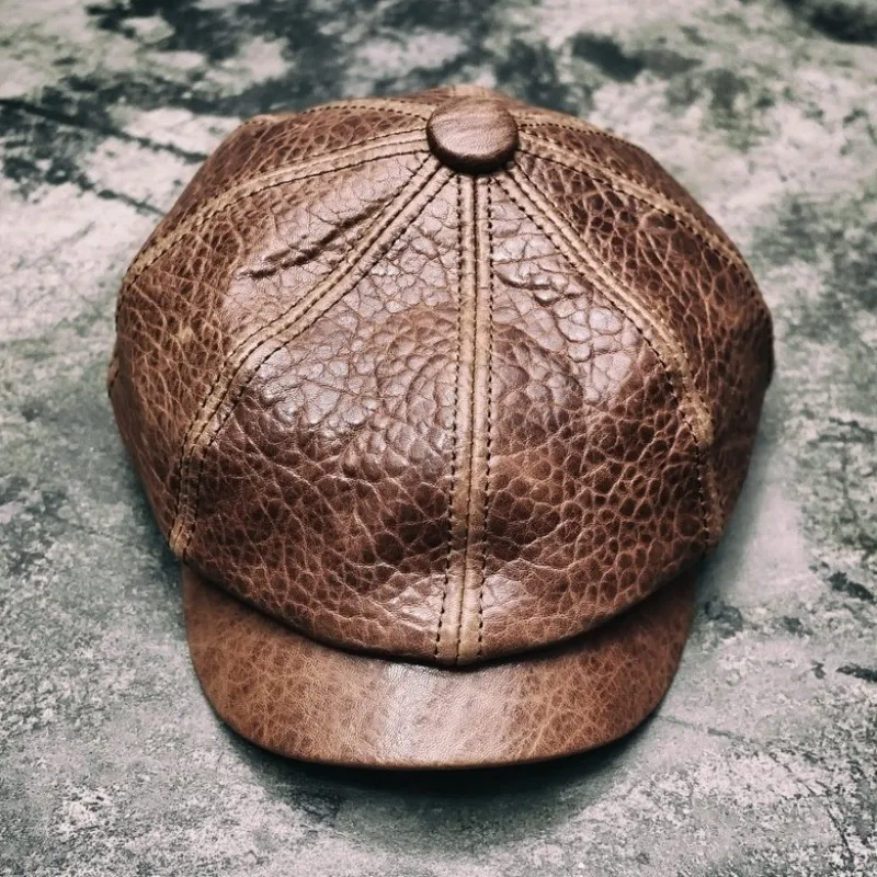 

British Mens Motor Biker Beanies Sheepskin Real Leather Octagonal Hats New Women Winter Military Cap Boina Chapeau Retro Hat