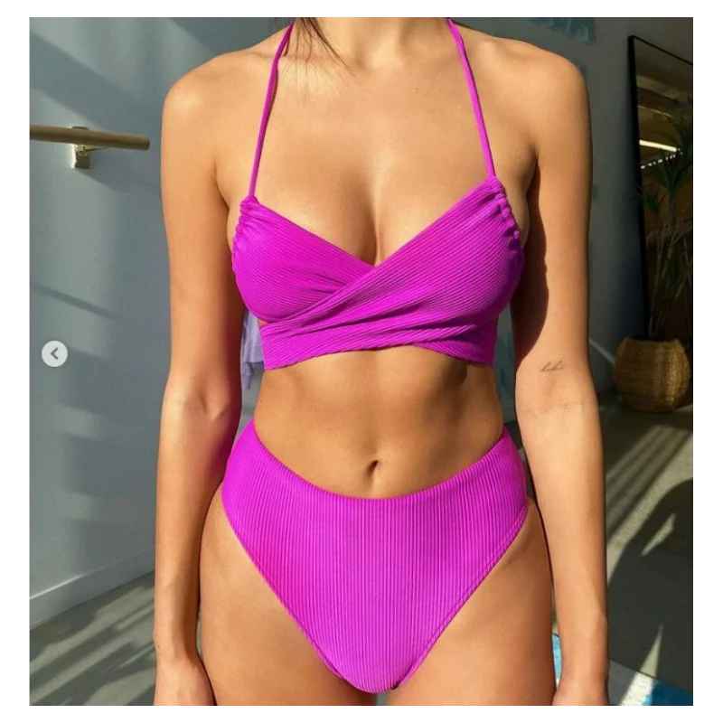 

Summer Knitted Sexy Fashion Bikini Suit A Variety Of Ways To Wear Womens Split Swimwear Beachwear Pink