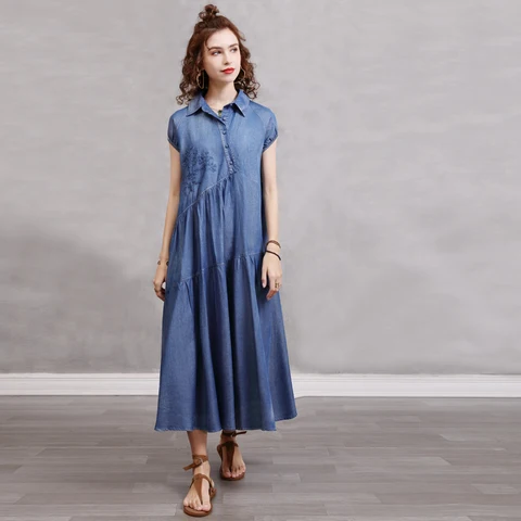 Женское летнее платье 2021 Yuzi.may Бохо новые джинсовые женские платья с отложным воротником винтажная вышивка свободные платья A82330