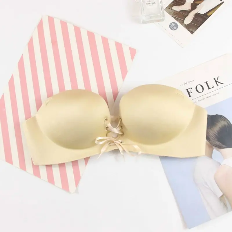 Women Girls Strapless Invisible 1/2 Cup Bra Seamless Solid Color Push Up Brassiere Criss Cross Lace Up Drawstring Convertible