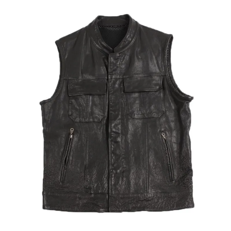 

Vintage Mens Biker Sheepskin Sleeveless Vest Top Stand Collar Pockets Genuine Leather Waistcoat Harajuku Casual Streetwear Vests