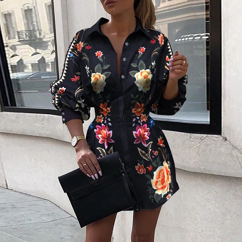 

Spring Women Elegant Floral Mini Dress Female OL Work Office Leisure Basic Dress Long Sleeve Tight Waist Shirt Dress