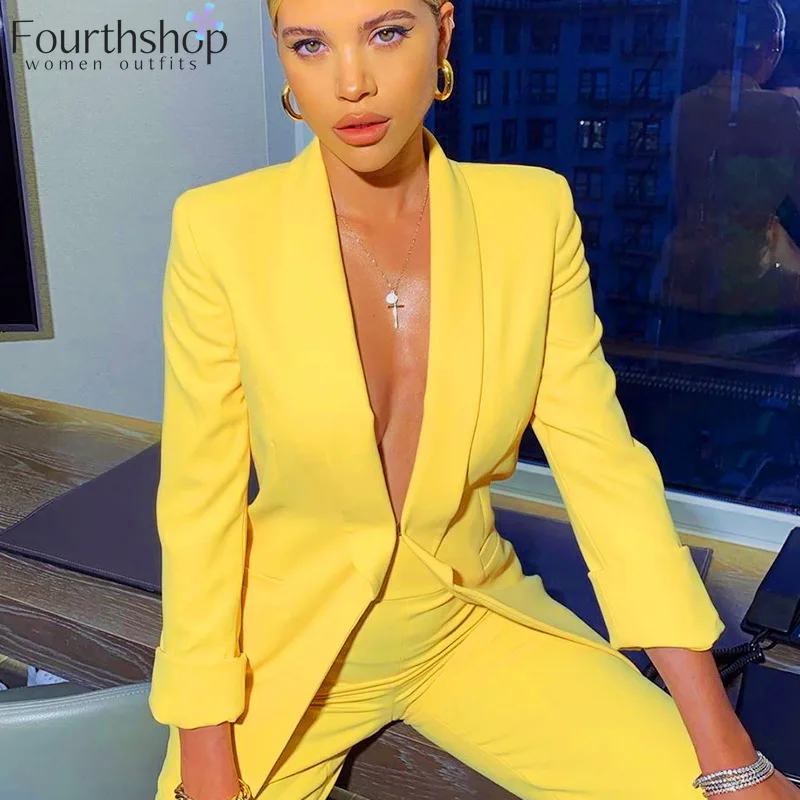 Женский брючный костюм из 2 предметов повседневный с желтым пиджаком на осень и