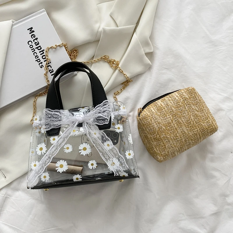 

Transparent Jelly PVC Clear Bags For Women Chains Straw Crossbody Bags Female Fashion Mini Handbag And Purse Square Messenger