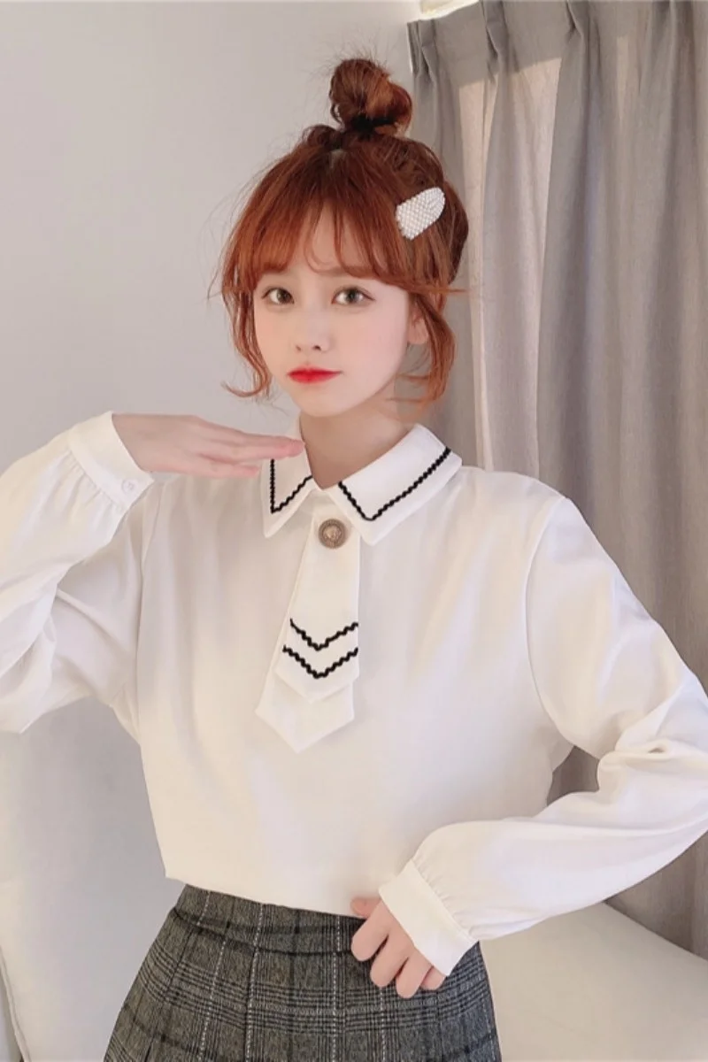 

Japanese College Style Bow Tie Shirt for Women 2020 New Outer Wear Versatile Long Sleeve Loose Fit Slimming Shirt Trendy