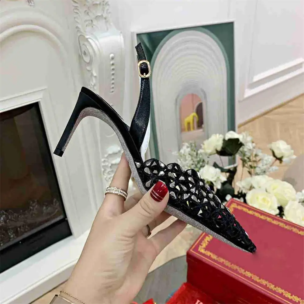 

2021 Summer Designer High Quality Women's High Heel Sandals Pointed Lace Shiny Rhinestone Ladies Party Shoes