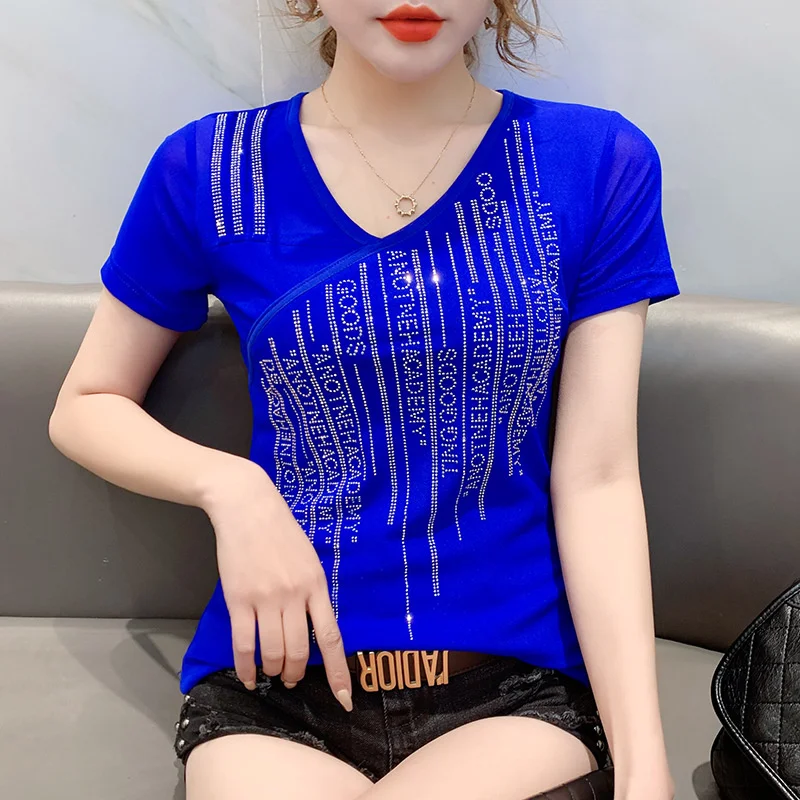 

#7196 Black Blue Leopard Streetwear Hip Hop T Shirt Women V-neck Short Sleeve Women's T-shirt Diamonds Sexy Tshirt Femme Summer
