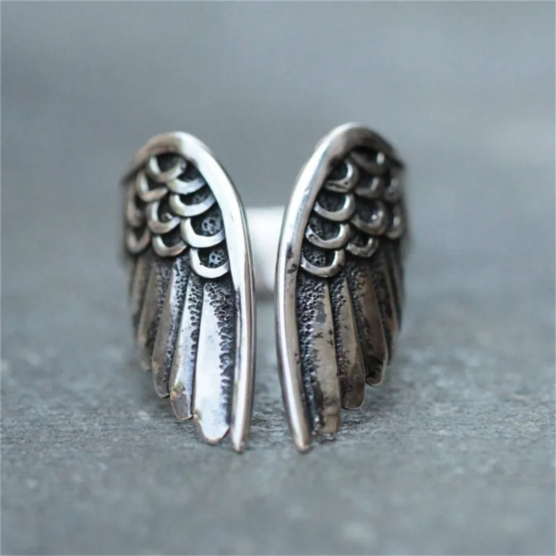 

Adjustable Open Angel Wings Statement Ring Memorial Jewelry for Women Vintage Silvertone Guardian Angel Wings Stackable Ring KI3