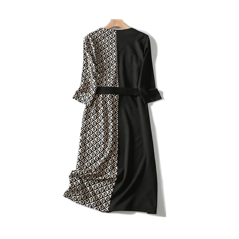 Ретро контрастный v образный вырез элегантный и благородный пояс на талии