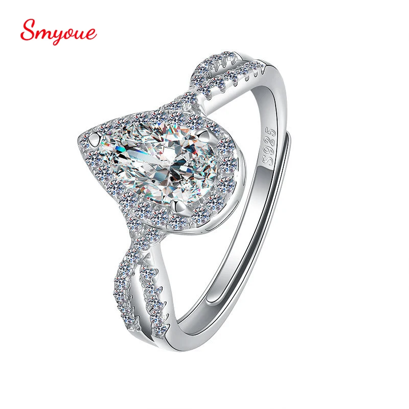 

Smyoue 1 CT 5*8MM Moissanite Pear Engagement Rings For Women Cross Water Drop Adjustable S925 Sterling Silver Moissan Diamond