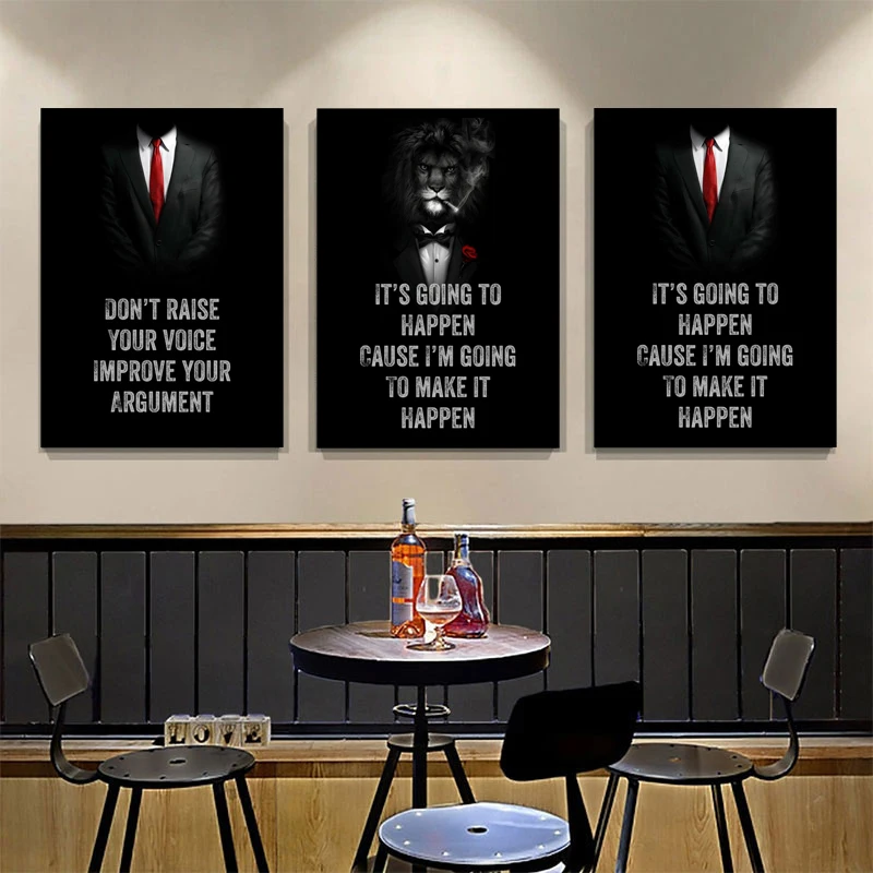 

Funny Animal Black White Lion in Suit Motivational Quotes Posters and Prints Abstract Animals Canvas Paintings Wall Art Pictures