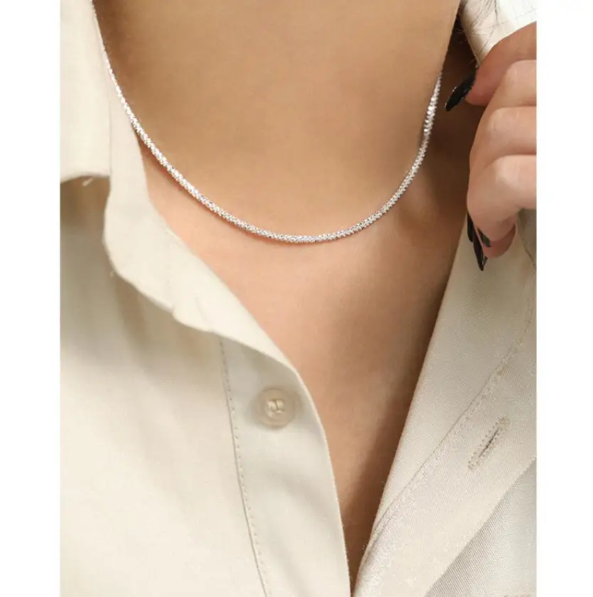 

S925 Sterling Silver Choker Necklace Link Chain Female Necklace Silver Fashion Jewelry Ornament Women Accessories XB076