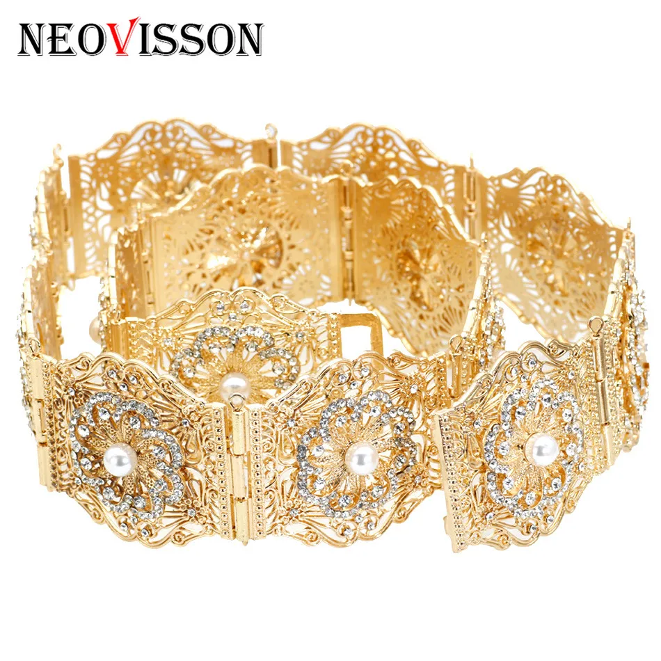 NEOVISSON Morocco Caftan Rhinestone металлический поясной ремень для женщин этнические Свадебные украшения для тела Искусственный жемчуг Закавказский пояс цепочка - Окраска металла: NVYY001GOLD