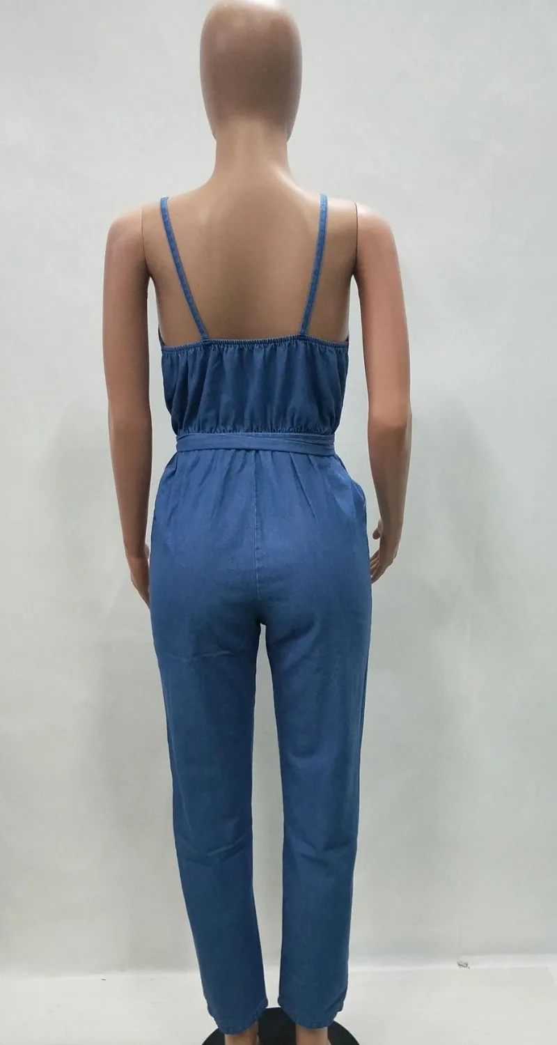 

High Street Sexy Deep V Neck Jumpsuit Women Spaghetti Strap Backless Empire Romper Summer Pockets Sashes Demin Overalls LD8167