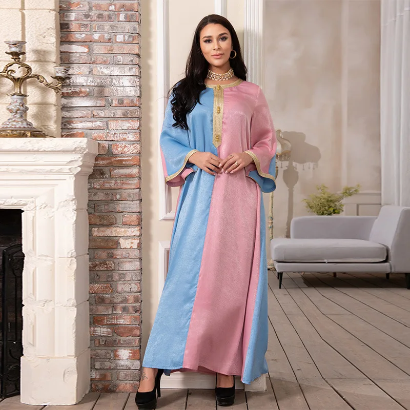 

2021 Summer New Middle Eastern Women's Clothing Abaya Fashion Color Matching Phnom Penh Muslim Women's Arab Hui Robe Dress