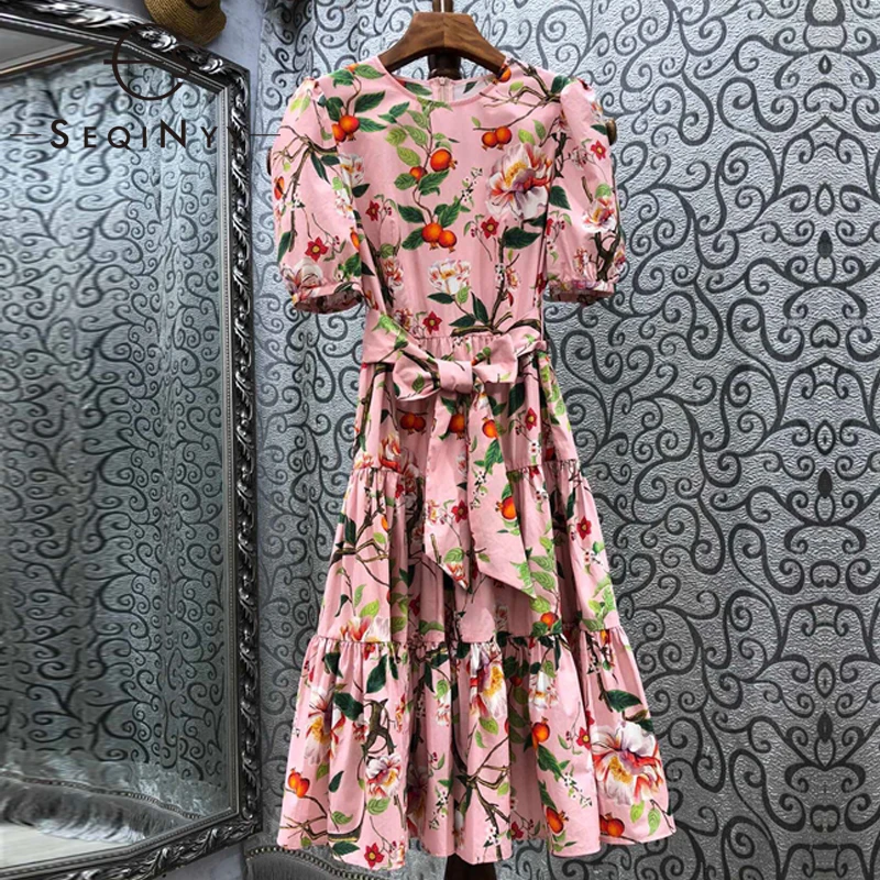 

SEQINYY Pink Dress 100% Cotton Summer Spring New Fashion Design Women Runway High Quality Fruit Flowers Print A-line Belt Casual