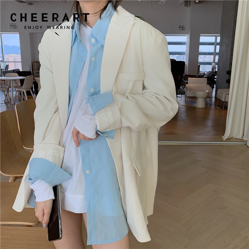 

CHEERART белый Повседневный блейзер куртки для женщин 2021 Осень корейский модный костюм пальто и куртка женская осенняя одежда