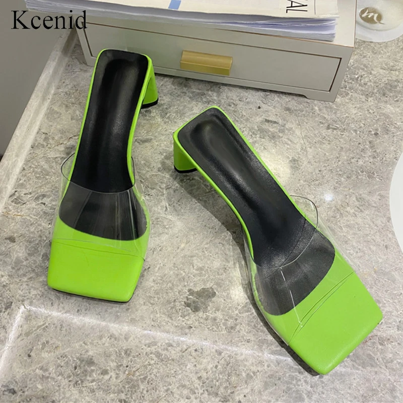 Kcenid зеленые Тапочки из ПВХ-желе 2020 летние шлепанцы на среднем каблуке сандалии