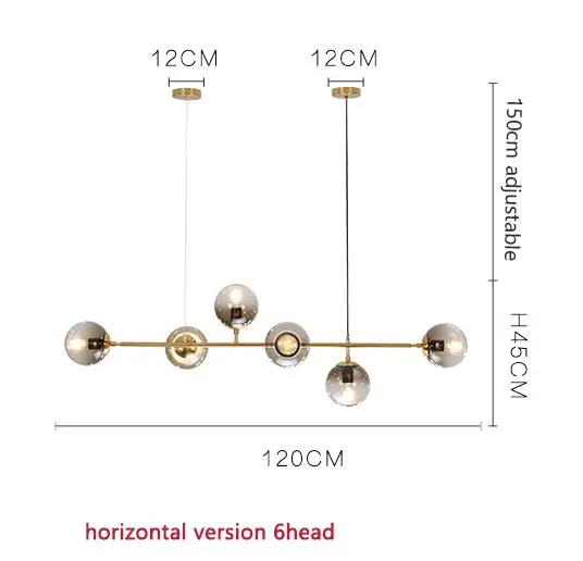 horizontal 6head Скандинавская столовая люстра светильник ing современная люстра с регулируемой яркостью светильник ing стеклянный шар подвесной светильник/люстра лампа - Цвет абажура: horizontal 6head