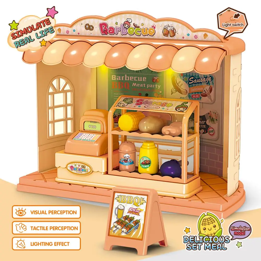 

New Girl Play House Toy Simulation Mini Burger Shop Barbecue Shop Ice Cream With Lights Play Set Child Birthday Gift CT0009