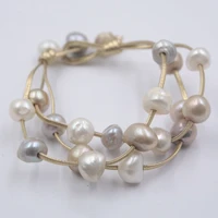 new 10 11mm baroque freshwater pearl with three stands leather bracelet adjustable for woman