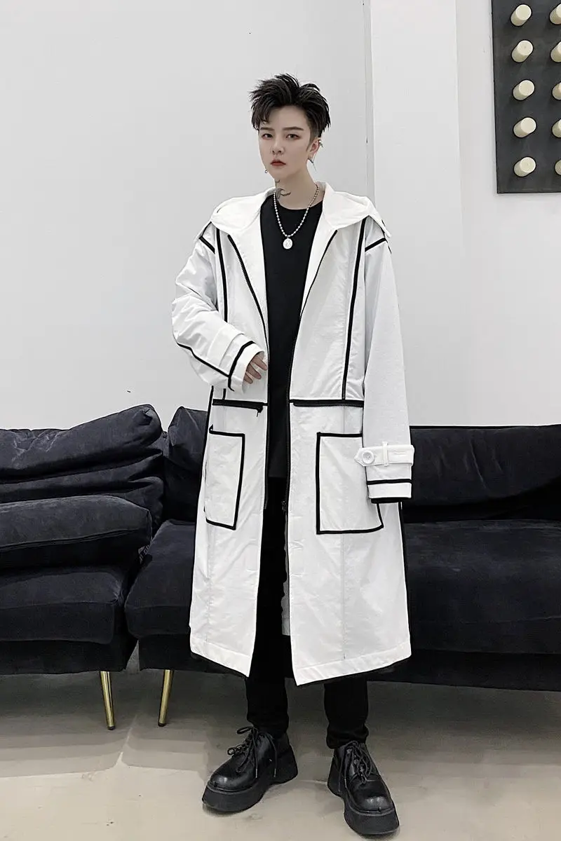 

IEFB /men's clothing mid-length windbreaker coat 2021 spring different-color Hem printed hooded oversize long trech coat 9Y3819