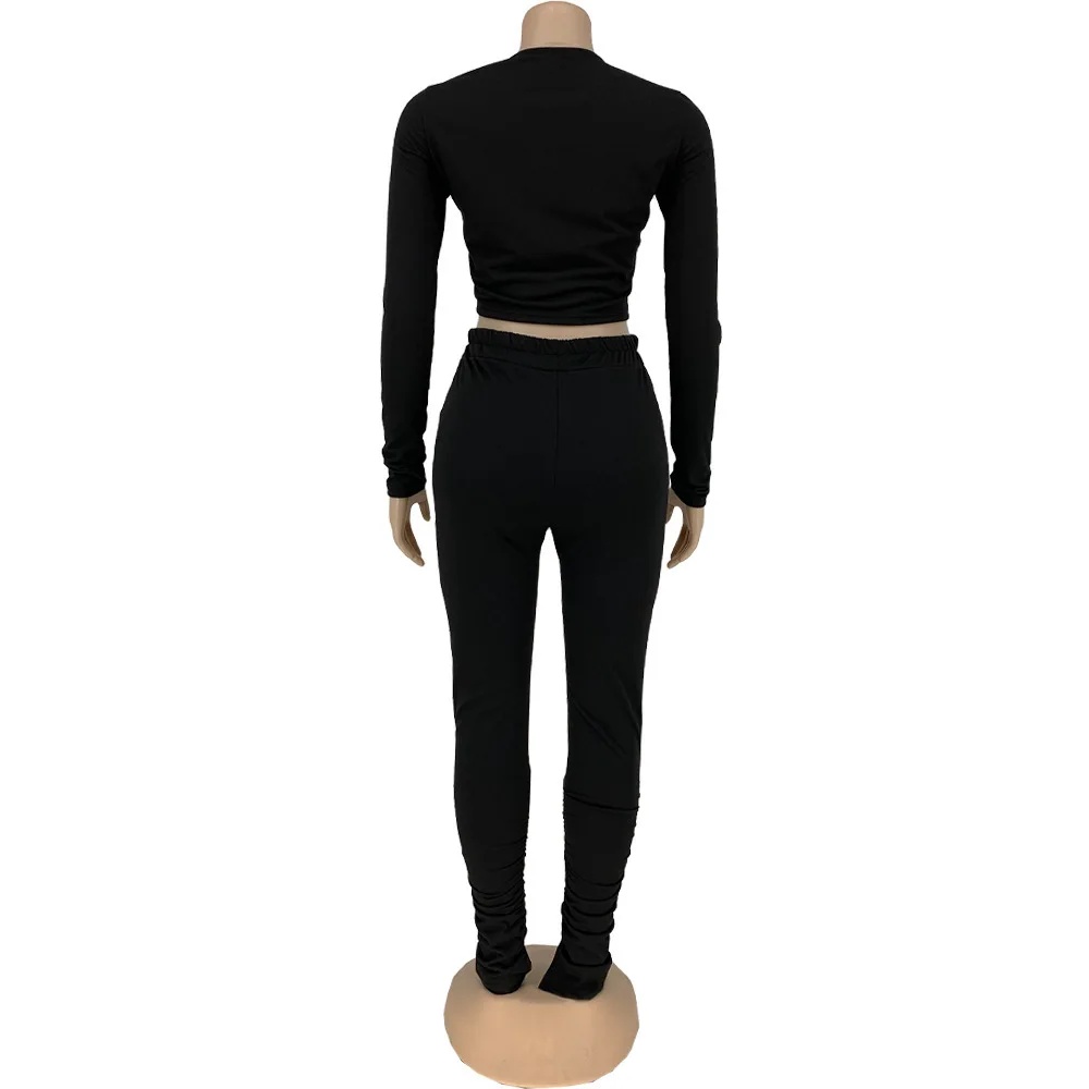 

Casual Solid Workout Two Piece Tracksuit Autumn Clothes for Women Zipper Full Sleeve Crop Tops and Stacked Pant Jogger Outfits
