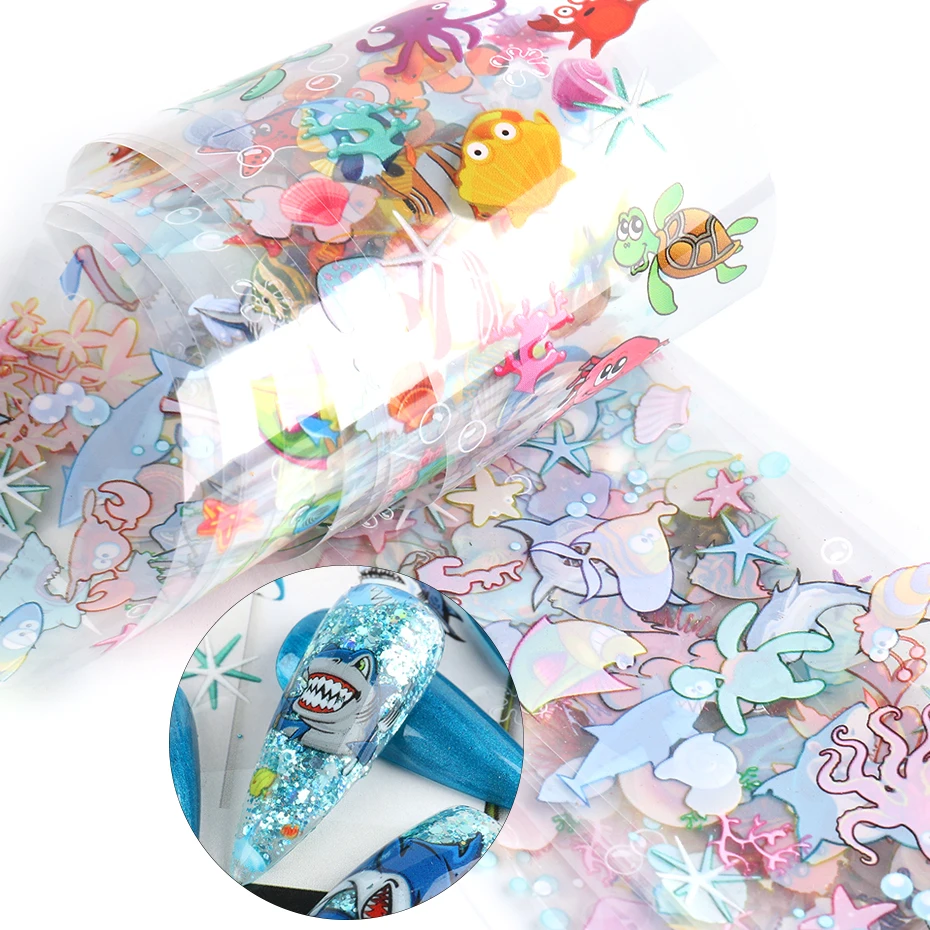 

10 Pcs Ocean Animals Holographic Nail Foil Set Tropical Fish Shark Cute Designs Nail Art Transfer Sticker Decals Wraps CHSW7015