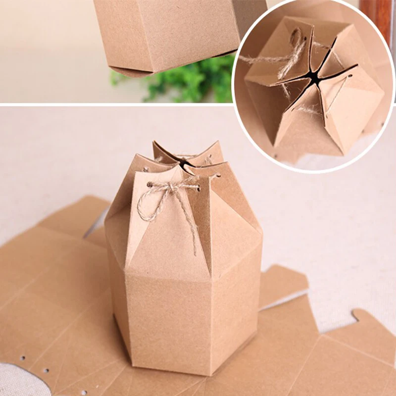 9x11cm 5Pcs Small Kraft Packaging Hexagonal Paper Gift Box Vintage Cardboard Cookie Tea Packing With Rope | Дом и сад