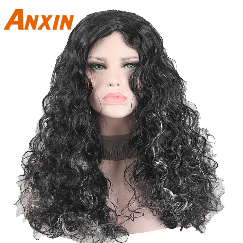 

Anxin Black Wavy Curly Hair for Black Women Without Bangs Long Curly Hair Synthetic Wig 16 Inch Over Shoulder Super Dense Wig