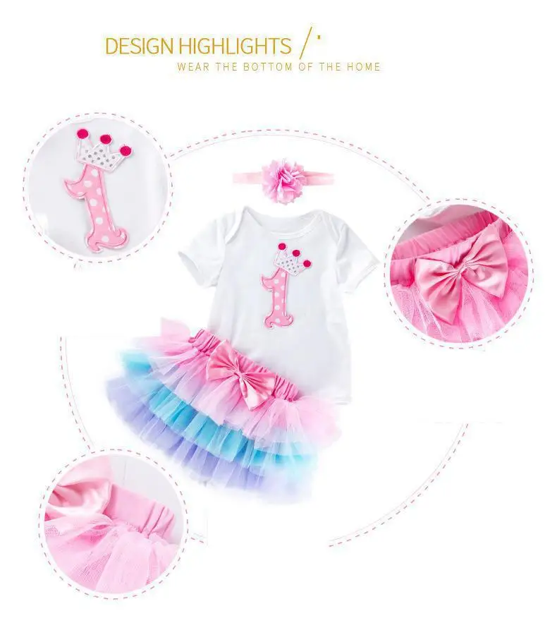 

New Summer Infant Suit Colourfull Skirt Cartoon Print Fashion Cute Style Birthdy Party Clothing With Headband Short-sleeve