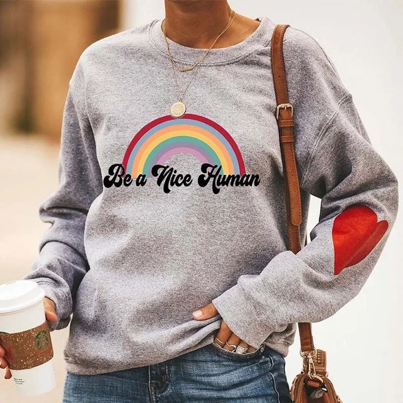 

Women Hoodie Be a Nice Human Print Letter Rainbow Tops Heart Sleeve Sweatershirt Casual Loose O Neck Wear Clothing