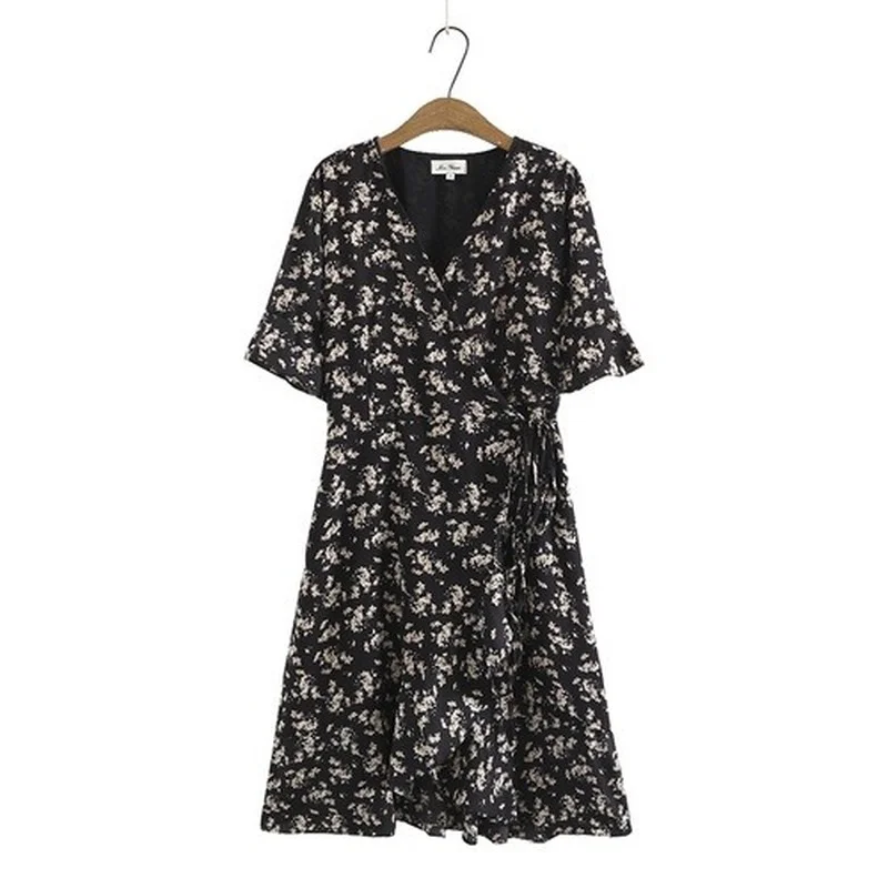 

Plus Size XL-4XL Women's Short Sleeve Chiffon Dress Casual Floral Printed Large Size Vintage Dresses Black Vestidos