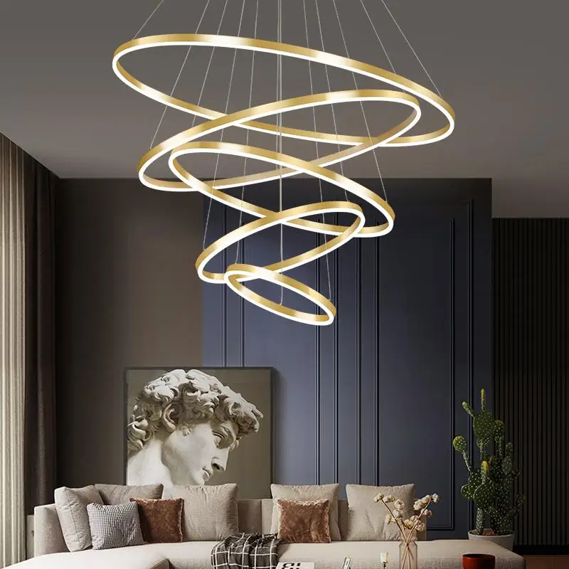 

Nordic Minimalism Modern Led Chandelier Villa Sitting Room Lights Wiredrawing Ring Interior Lighting Led Pendant Lamp