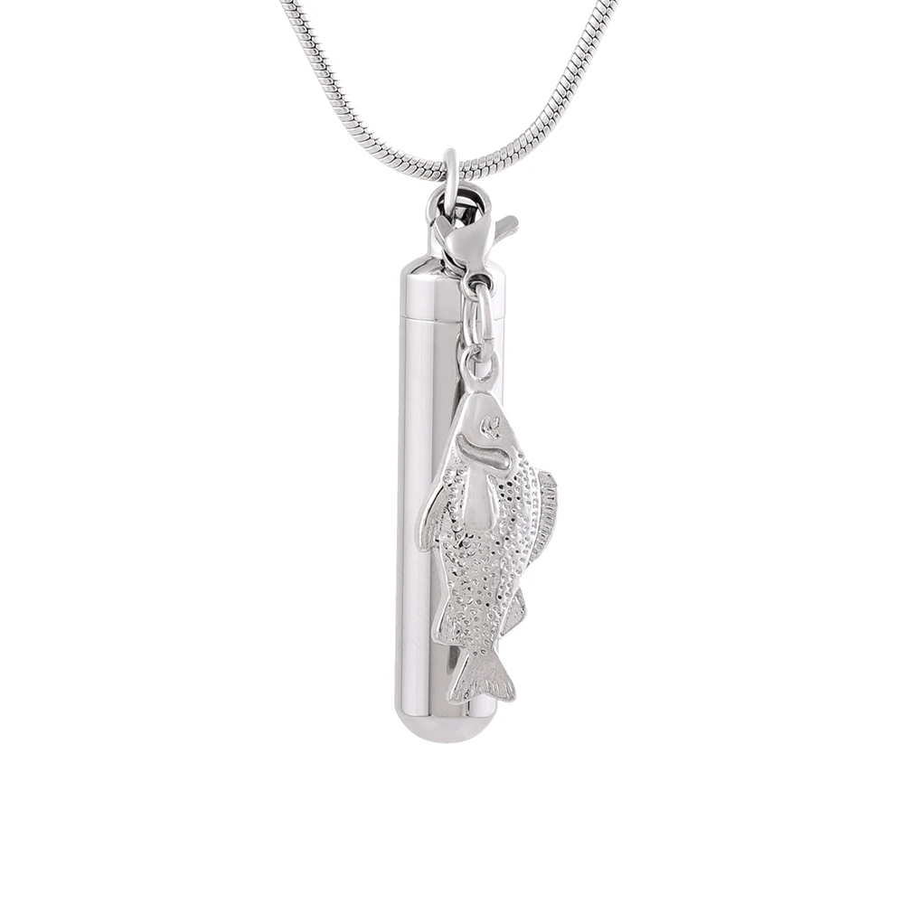 

IJD9864 Stainless Steel Polish Cylinder With Fish Accessories Cremation Memorial Pendant for Ashes Urn Keepsake Souvenir Jewelry