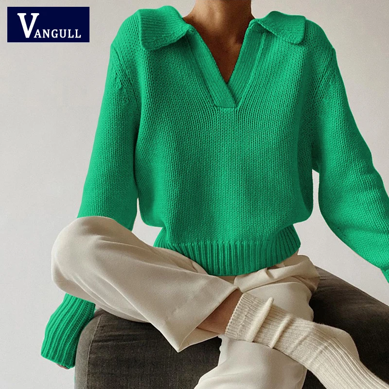

Vangull Green Short Knitted Sweater Women Spring New Long Sleeve V Neck Female Pullover Fashion Casual Solid Loose Lady Jumpers
