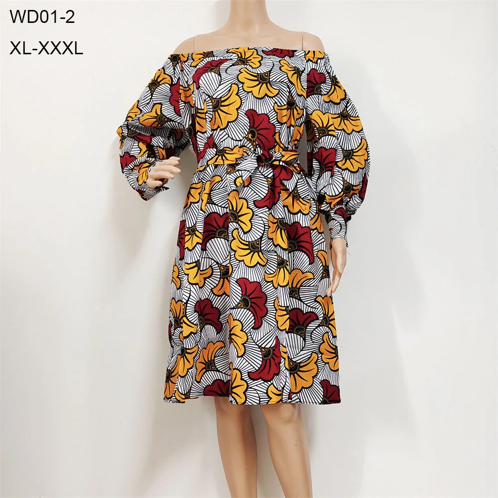 

2021 New Fashion African Cotton Wax Print Dress Sexy one line collar fashion Losse Long Dress