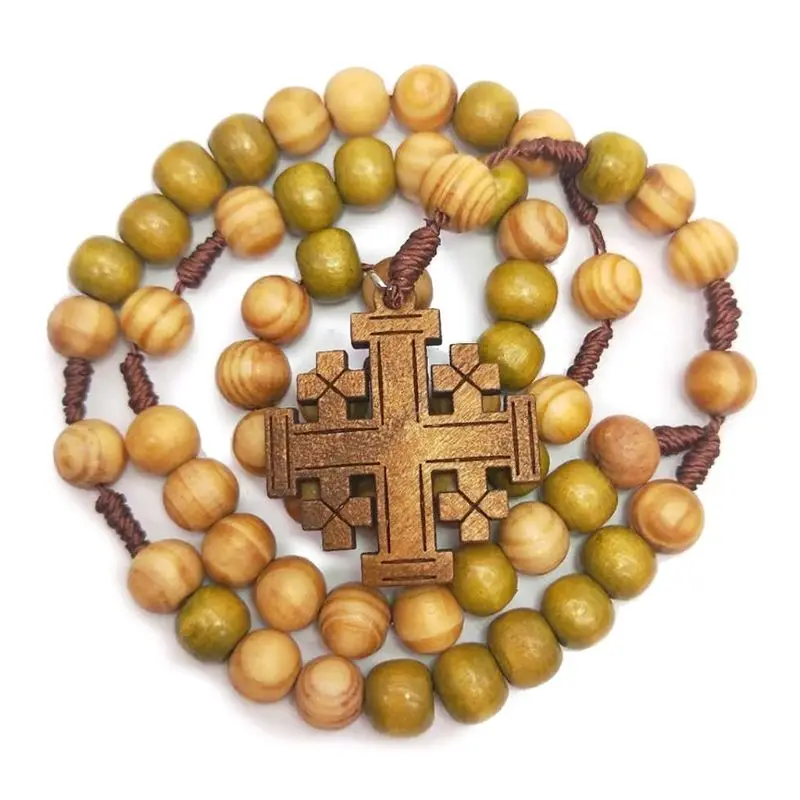 

Jesus Wooden Prayer Beads 10mm Rosary Cross Necklace Pendant Woven Rope Chain Church Supplies Jewelry Accessories