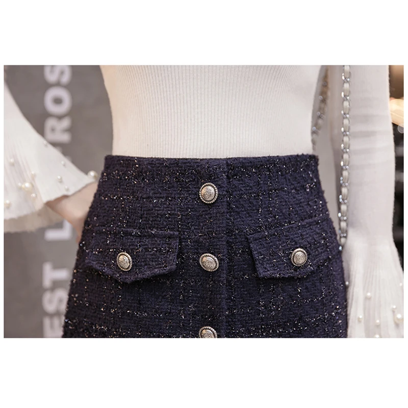 

New Fake Pocket 2020 Woman Winter Woolen Hairy Mini Skirt Black Pleated Stripe Sequin Button High Waist Skirts Womens Jupe Femme