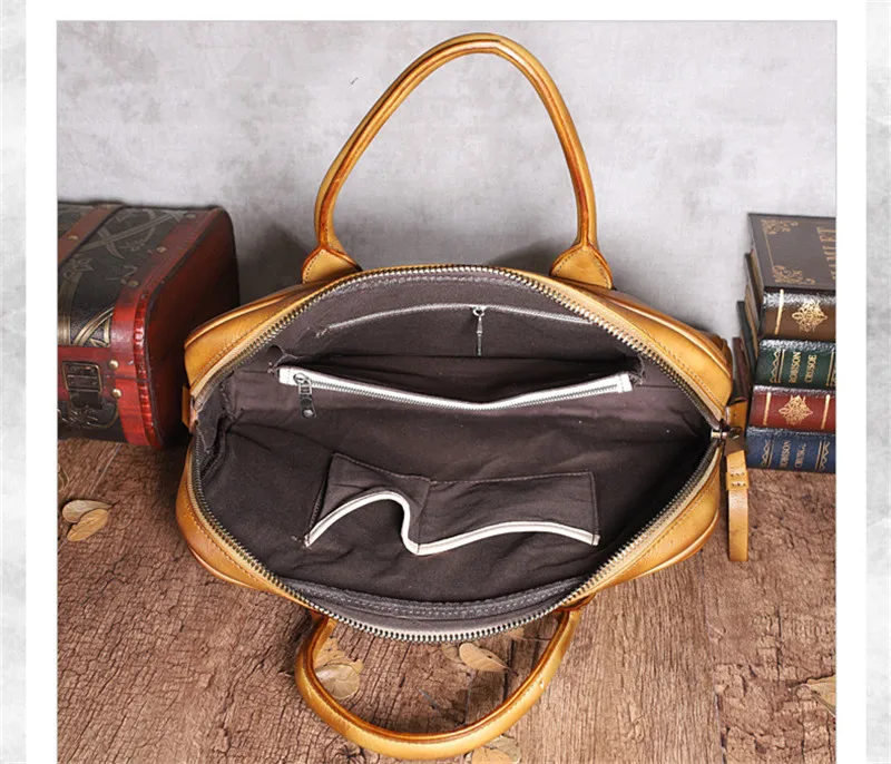 Retro highquality natural real leather men's large-capacity laptop handbag  office lawyer cowhide briefcase bag