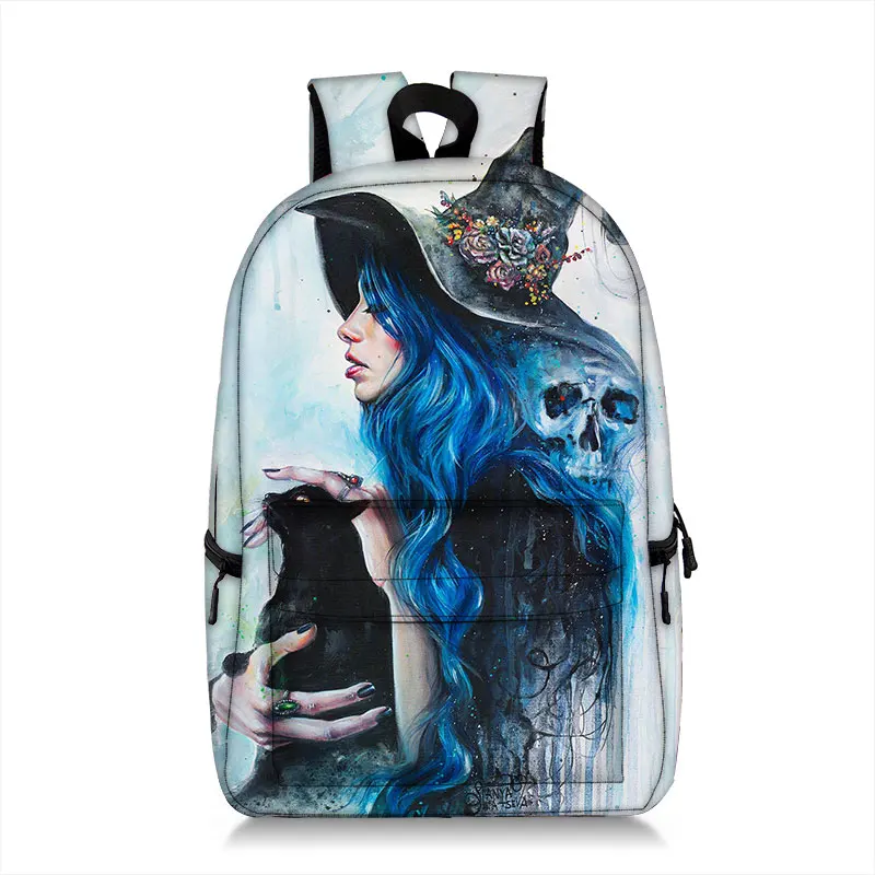 

Cute Black Cat Witch / Witchcraft Skull Backpack For Teenager Cartoon Terror Gothic Cat Book Bags Kid Schoolbag Women Knapsack