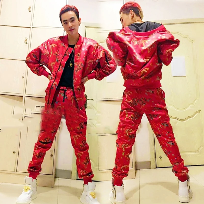 

Одежда для ночного клуба, Мужская одежда, костюм с красным драконом, костюм с принтом, одежда для выступления на сцене, Клубная одежда, костю...