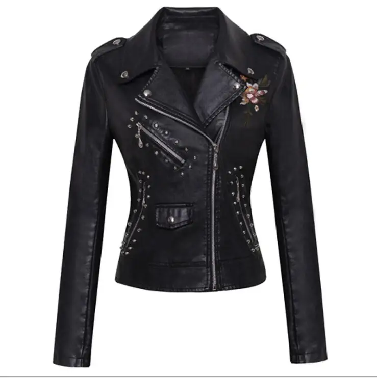 Women Patchwork Leather Jackets Flower Embroidery Rivets Short Section Pu Leather Small Jackets Casual Motorcycle Coats J3447