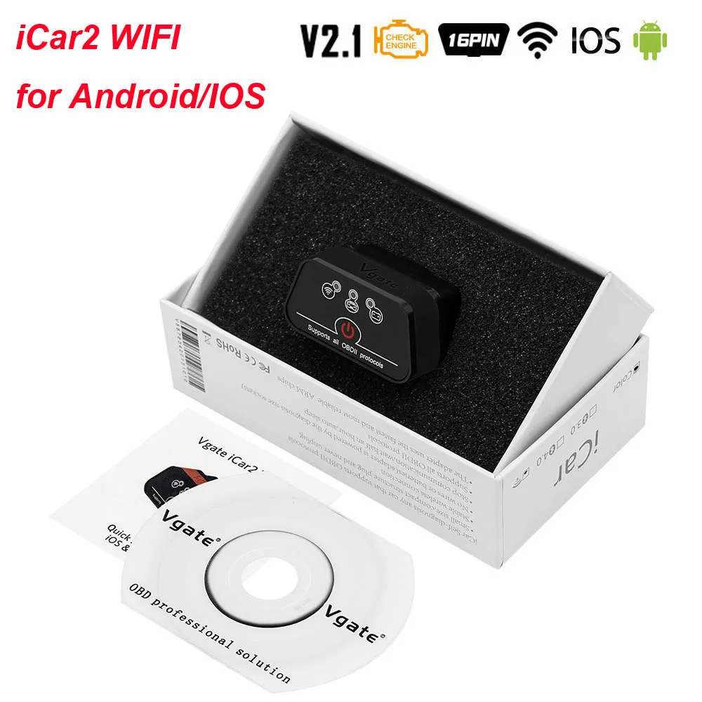 Fully Black Vgate iCar2 ELM327 V2.1 OBD2 WI-FI сканер OBD 2 OBD2 ELM327 V2.1 Авто диагностический инструмент Vgate Икар 2 easydiag VS Elm 327 V1.5 - Цвет: Fully Black